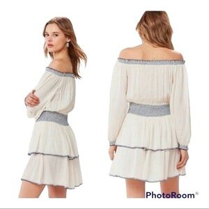 URBAN OUTFITTERS SAFFRON Skies Off The Shoulder Dress Cream Tiered Ruffle